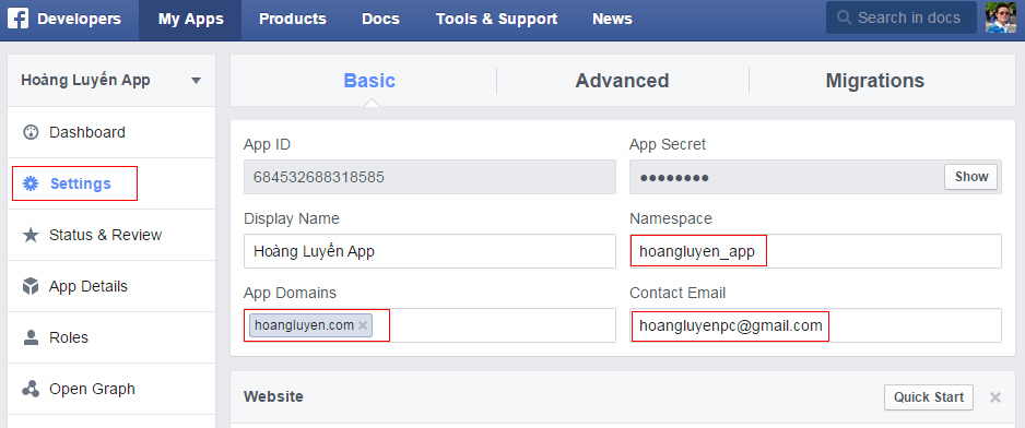 Cách tạo Facebook Apps và lấy App ID, Secret Key > Cấu hình App - Setting