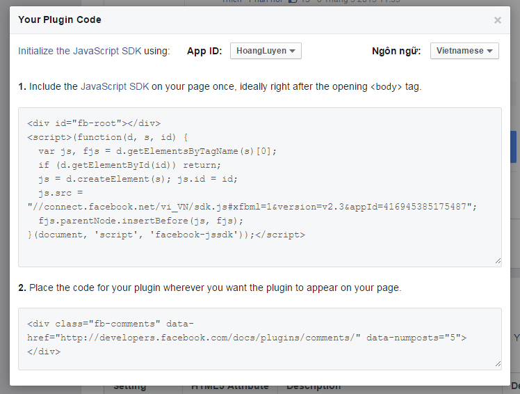 Cách chèn Facebook Comment nhanh vào Blogger (Blogspot) > Chèn mã code được cung cấp bởi Facebook