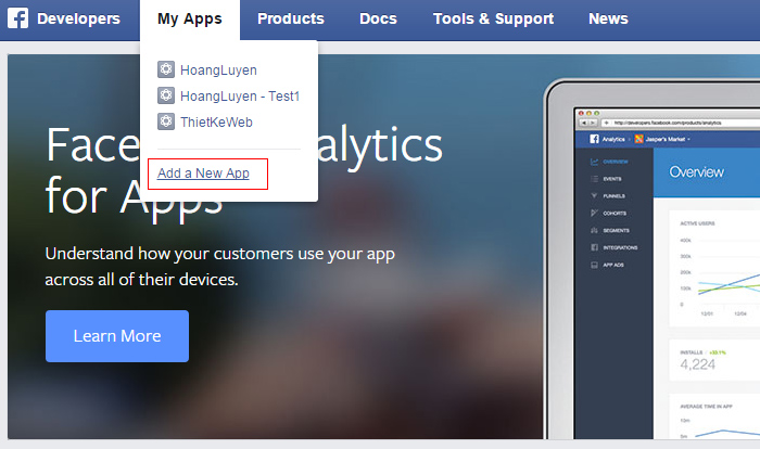 Cách tạo Facebook Apps và lấy App ID, Secret Key > Add a New App